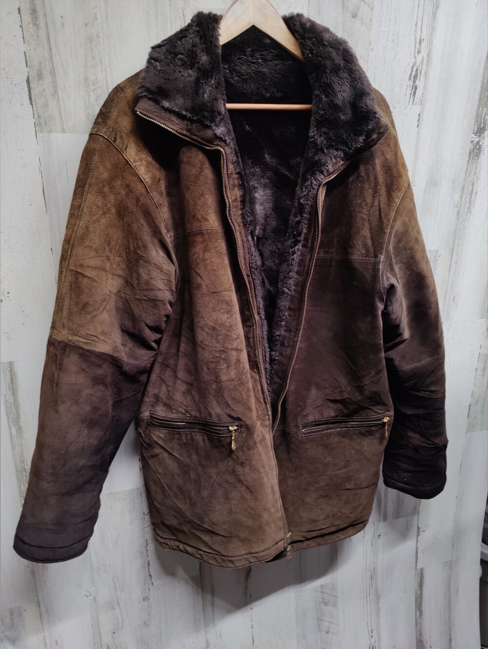 VTG Winlit New York Suede Faux Fur Liner Jacket Men's M Oversize Broken Zipper